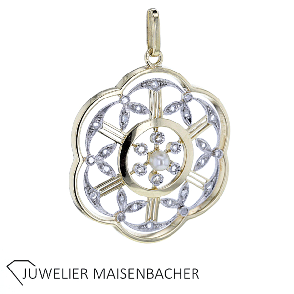 Vintage Blumen Anhänger mit Diamanten und Zuchtperle – Bild 5
