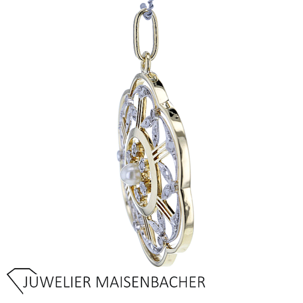 Vintage Blumen Anhänger mit Diamanten und Zuchtperle – Bild 2