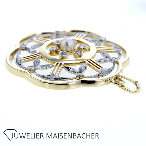 Vintage Blumen Anhänger mit Diamanten und Zuchtperle – Bild 3